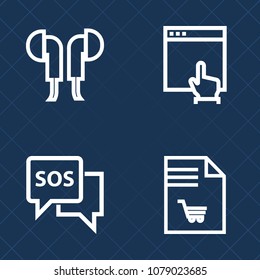 Premium set of outline vector icons. Such as warning, earphone, audio, food, grocery, supermarket, note, list, shopping, object, sos, website, technology, button, arrow, stereo, paper, mouse, web, www