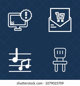 Premium set of outline vector icons. Such as computer, home, problem, finance, music, room, pc, treble, price, display, armchair, technology, list, alert, furniture, supermarket, white, chair, payment