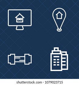 Premium set of outline vector icons. Such as exercise, estate, travel, marker, pin, activity, modern, market, house, city, technology, gps, place, strength, rent, online, internet, active, web, gym