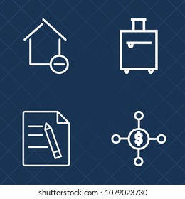 Premium set of outline vector icons. Such as document, bag, currency, tourist, lifestyle, estate, background, home, journey, money, new, cardboard, holiday, summer, box, removal, business, vacation