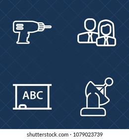 Premium set of outline vector icons. Such as female, education, worker, office, electric, team, background, construction, drill, communication, solar, instrument, work, board, frame, tool, people, man
