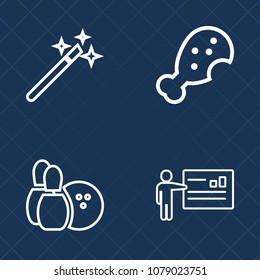 Premium set of outline vector icons. Such as score, burger, male, hobby, people, female, snack, ball, businesswoman, game, magical, leisure, fried, presentation, fast, leg, fun, competition, sport