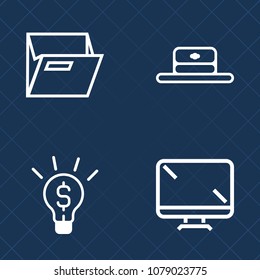 Premium set of outline vector icons. Such as concept, inspiration, hat, modern, document, cover, folder, innovation, monitor, sign, empty, white, black, information, object, businessman, bulb, idea