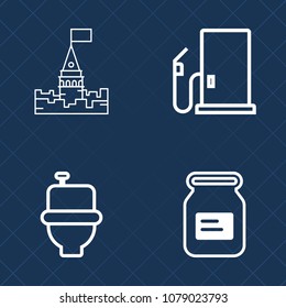 Premium set of outline vector icons. Such as restroom, industry, old, fairytale, landscape, car, tale, diesel, can, tank, toilet, energy, station, gas, building, wc, service, kingdom, washroom, fuel