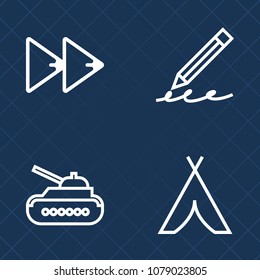 Premium set of outline vector icons. Such as paper, outdoor, battle, adventure, music, armor, drawing, camp, write, white, military, gun, business, audio, tourism, nature, multimedia, tank, holding