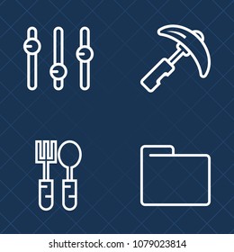 Premium set of outline vector icons. Such as fork, steel, restaurant, folder, industry, spoon, meal, building, graphic, construction, equality, concept, heavy, kitchen, work, equipment, knife, open