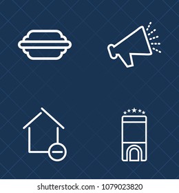 Premium set of outline vector icons. Such as volume, music, equipment, sandwich, property, happy, loud, bun, box, unhealthy, interior, onion, room, hotel, hamburger, business, speaker, cardboard, fast