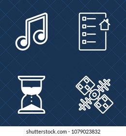 Premium set of outline vector icons. Such as time, space, timer, hourglass, mortgage, sand, science, music, business, estate, watch, clock, earth, contract, satellite, real, technology, musical, agent