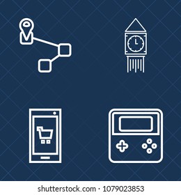 Premium set of outline vector icons. Such as mobile, smart, web, shop, online, travel, graphic, big, clock, tourism, landmark, computer, map, westminster, famous, pointer, sign, store, ben, time, hand