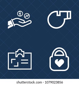 Premium set of outline vector icons. Such as trainer, badge, coach, document, brown, banking, tool, finance, payment, security, card, object, business, white, coin, judge, id, hand, sport, personal