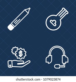 Premium set of outline vector icons. Such as office, melody, microphone, headset, sound, school, support, paper, education, currency, stationery, investment, play, equipment, communication, culture