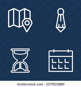 Premium set of outline vector icons. Such as flow, white, man, tie, measure, schedule, calendar, person, watch, hourglass, sand, fashion, elegance, road, marker, clock, place, glass, web, antique, gps