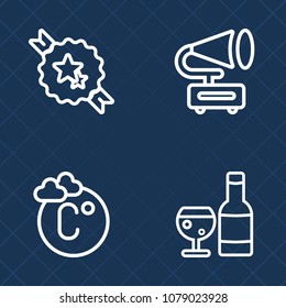 Premium set of outline vector icons. Such as gramophone, music, restaurant, meteorology, song, banner, vinyl, scale, old, climate, graphic, entertainment, wine, weather, fahrenheit, decoration, ribbon