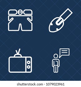 Premium set of outline vector icons. Such as entertainment, person, internet, message, wrench, modern, construction, man, shorts, people, brush, shovel, work, clothes, clothing, business, television