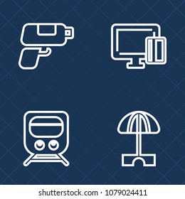 Premium set of outline vector icons. Such as graphic, gun, weapon, play, parasol, transportation, rail, payment, speed, journey, business, purchase, railroad, sun, debit, concept, beach, credit, pay