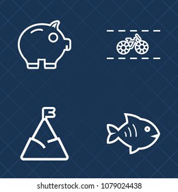 Premium set of outline vector icons. Such as bank, landscape, white, save, financial, food, transport, fresh, coin, mountain, account, finance, pedal, ride, animal, snow, fish, cash, view, nature, sea