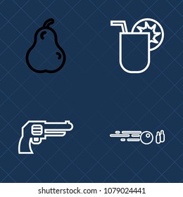 Premium set of outline vector icons. Such as organic, glass, bowling, leaf, lime, juicy, bowl, fresh, bullet, bar, hit, sport, strike, equipment, metal, alcohol, fruit, army, drink, handgun, tropical