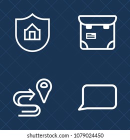 Premium set of outline vector icons. Such as real, mortgage, pin, mobile, family, marker, trip, woman, protection, safety, passport, route, person, navigation, waiting, chat, pass, care, pretty, home