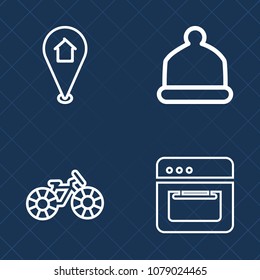 Premium set of outline vector icons. Such as transport, fashion, ride, place, kitchen, bike, bicycle, pedal, accessory, navigation, baseball, equipment, hat, road, oven, map, style, chain, gps, stove