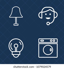 Premium set of outline vector icons. Such as illumination, talking, power, appliance, headset, technology, center, decor, electricity, home, energy, decoration, laundry, communication, clothes, modern