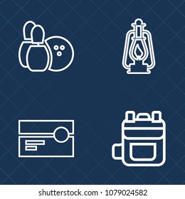 Premium set of outline vector icons. Such as bowling, glass, recreation, oil, fashion, retro, color, cassette, light, object, lantern, vintage, modern, game, travel, old, sport, tape, flame, strike