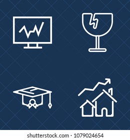 Premium set of outline vector icons. Such as graduation, home, health, mortgage, damage, increase, diagnostic, market, technology, cap, crash, impact, house, sharp, hole, science, price, examination