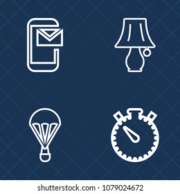 Premium set of outline vector icons. Such as minute, switch, sport, telephone, desk, mail, hour, sky, parachute, lamp, furniture, extreme, electric, watch, mobile, electricity, envelope, countdown