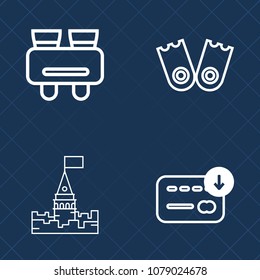 Premium set of outline vector icons. Such as business, king, sport, money, looking, glasses, fantasy, view, building, beach, spy, activity, binoculars, equipment, underwater, castle, bag, old, scuba