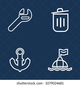 Premium set of outline vector icons. Such as spanner, bin, ship, container, tool, work, garbage, float, vessel, life, ecology, can, waste, safety, maintenance, industry, marine, blue, environment, sea