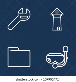 Premium set of outline vector icons. Such as beach, underwater, office, paris, french, snorkel, tool, equipment, sky, city, france, folder, maintenance, urban, file, paper, famous, europe, wrench, sea