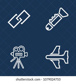 Premium set of outline vector icons. Such as web, wind, brass, fly, menu, transportation, bugle, horn, retro, camera, vintage, equipment, film, connection, element, flight, sound, video, tripod, air