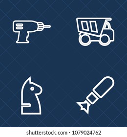 Premium set of outline vector icons. Such as destruction, chessboard, white, success, military, drill, nuclear, work, knight, explosion, tool, industrial, truck, hand, attack, game, equipment, war