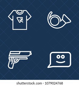 Premium set of outline vector icons. Such as revolver, instrument, brass, orchestra, weapon, clothing, apparel, bugle, danger, cartoon, trumpet, music, horn, emotion, sound, war, automatic, jazz, gun