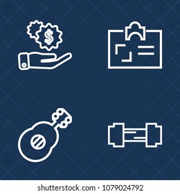 Premium set of outline vector icons. Such as jazz, wealth, money, fit, music, investment, name, concert, earn, dollar, white, exercise, workout, guitar, hand, physical, male, musical, document, badge