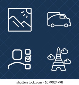 Premium set of outline vector icons. Such as business, transport, plan, right, traffic, summer, tourism, architecture, personal, office, shipping, french, list, concept, white, background, scenic, car