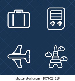 Premium set of outline vector icons. Such as urban, journey, france, graphic, famous, technology, paris, eiffel, suitcase, tower, luggage, travel, computer, arrival, sky, airplane, sign, fly, landmark