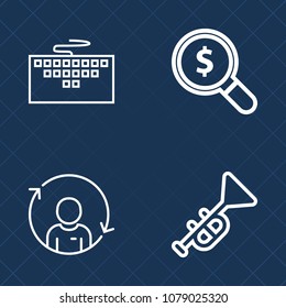 Premium set of outline vector icons. Such as music, pc, search, office, work, quality, person, orchestra, bugle, musical, sound, rotation, trumpet, computer, concept, refresh, information, report, web