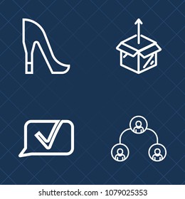 Premium set of outline vector icons. Such as girl, carton, structure, fashion, style, man, cardboard, surprise, white, company, house, elegant, bubble, heel, glamour, female, high, business, chat, new