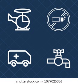 Premium set of outline vector icons. Such as warning, aviation, prohibition, clean, flight, metal, urgent, aircraft, ambulance, chopper, air, rescue, sign, transportation, plumbing, abstain, rotor, no