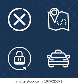 Premium set of outline vector icons. Such as concept, car, shape, transport, navigation, no, transportation, taxi, map, cancel, gps, location, padlock, safe, password, sign, unlock, prohibition, place