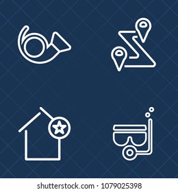 Premium set of outline vector icons. Such as road, summer, snorkel, water, apartment, gps, map, marker, wind, sound, saxophone, building, construction, jazz, classical, navigation, bugle, location