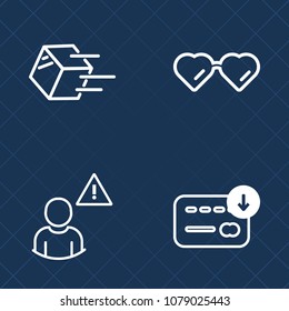 Premium set of outline vector icons. Such as dollar, wear, social, box, sunglasses, freight, white, bag, delivery, vision, merchandise, sun, business, goods, profile, summer, internet, glasses, alarm