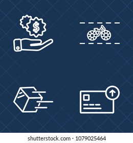 Premium set of outline vector icons. Such as delivery, shipment, rich, currency, investment, hand, travel, coin, logistic, bike, merchandise, freight, person, bank, road, activity, money, sport, sign