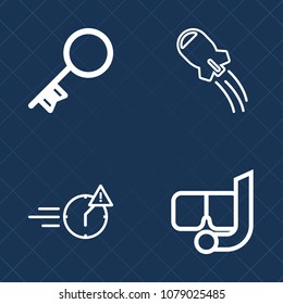 Premium set of outline vector icons. Such as mask, exploration, satellite, technology, underwater, snorkel, equipment, unlock, space, door, woman, spaceship, job, night, spacecraft, summer, launch