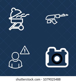 Premium set of outline vector icons. Such as picture, soldier, web, machine, charcoal, cooking, camera, lens, equipment, alarm, online, photo, military, meal, assault, grill, photographer, barbecue