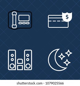 Premium set of outline vector icons. Such as equipment, digital, player, wealth, video, moonlight, record, telephone, music, communication, investment, button, phone, space, cash, currency, paper, sky