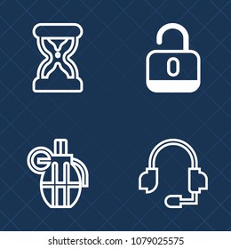Premium set of outline vector icons. Such as sign, hourglass, minute, safe, open, measure, secure, sound, countdown, metal, hour, glass, padlock, center, explosive, support, sand, war, call, safety
