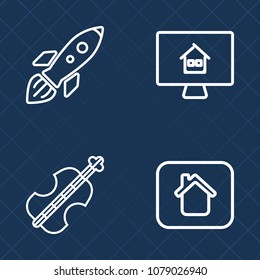 Premium set of outline vector icons. Such as building, rent, computer, launch, residential, orbit, flight, musical, shuttle, estate, technology, concert, spaceship, market, home, object, modern, space