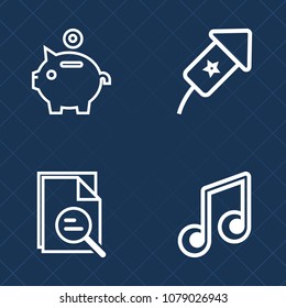 Premium set of outline vector icons. Such as savings, firework, finance, musical, search, banking, festive, glass, explosion, optical, coin, party, festival, lens, zoom, investment, save, money, note