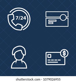 Premium set of outline vector icons. Such as money, human, vintage, old, play, headset, call, operator, customer, audio, support, cassette, account, sound, girl, tape, credit, person, telephone, retro
